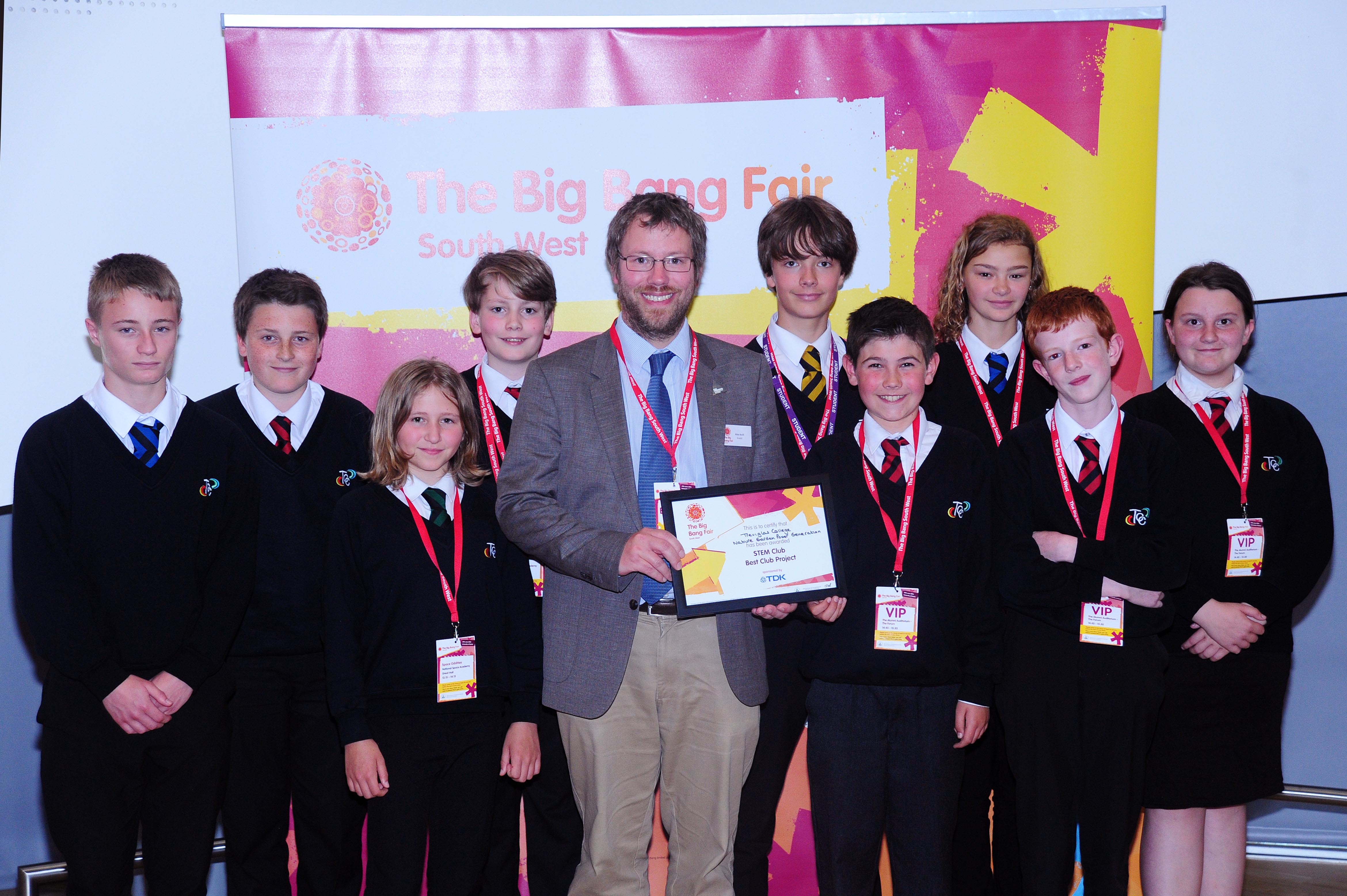 TDK-Lambda UK’s Product Performance Manager, Alex Knill presents the Big Bang Fair South West ‘STEM Club Best Project’ award to Treviglas College